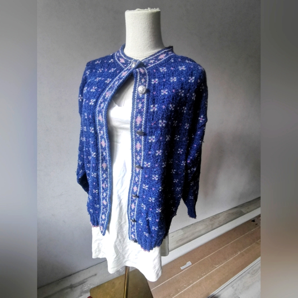 VTG Wool Rei sweater small Blue Pink Silver Buttons Cardigan